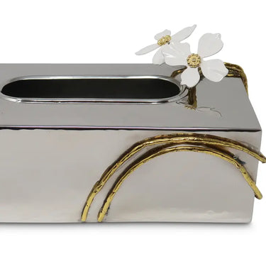 Silver Tissue Box w/Jeweled Jasmine Flower Décor