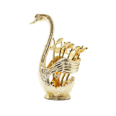 Gold Swan Dessert Spoon Holder w/6 Spoons