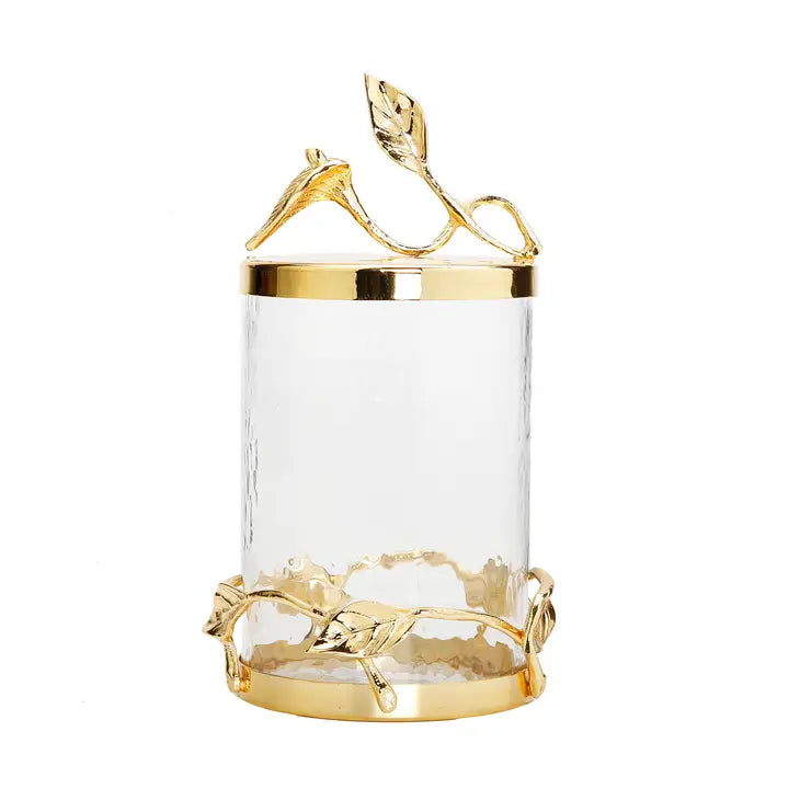 Glass Canister w/Gold Hammered Lid & Leaf Décor