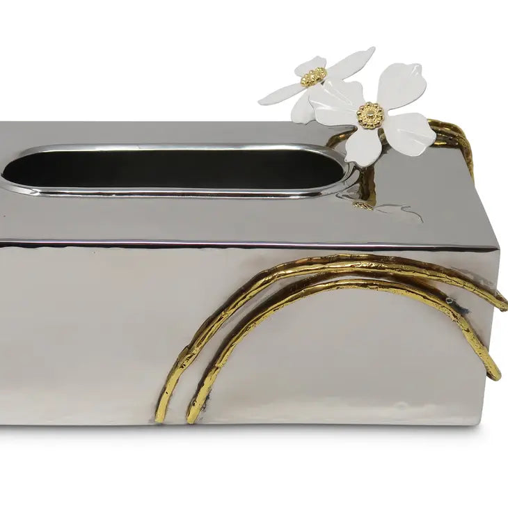 Silver Tissue Box w/Jeweled Jasmine Flower Décor