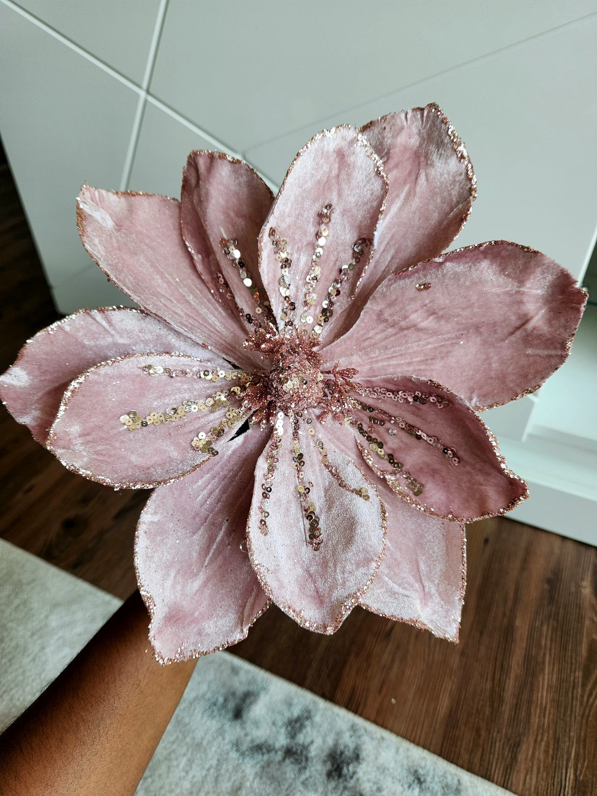 Pink Velvet Sequined Magnolia Stem