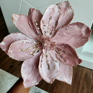 Pink Velvet Sequined Magnolia Stem