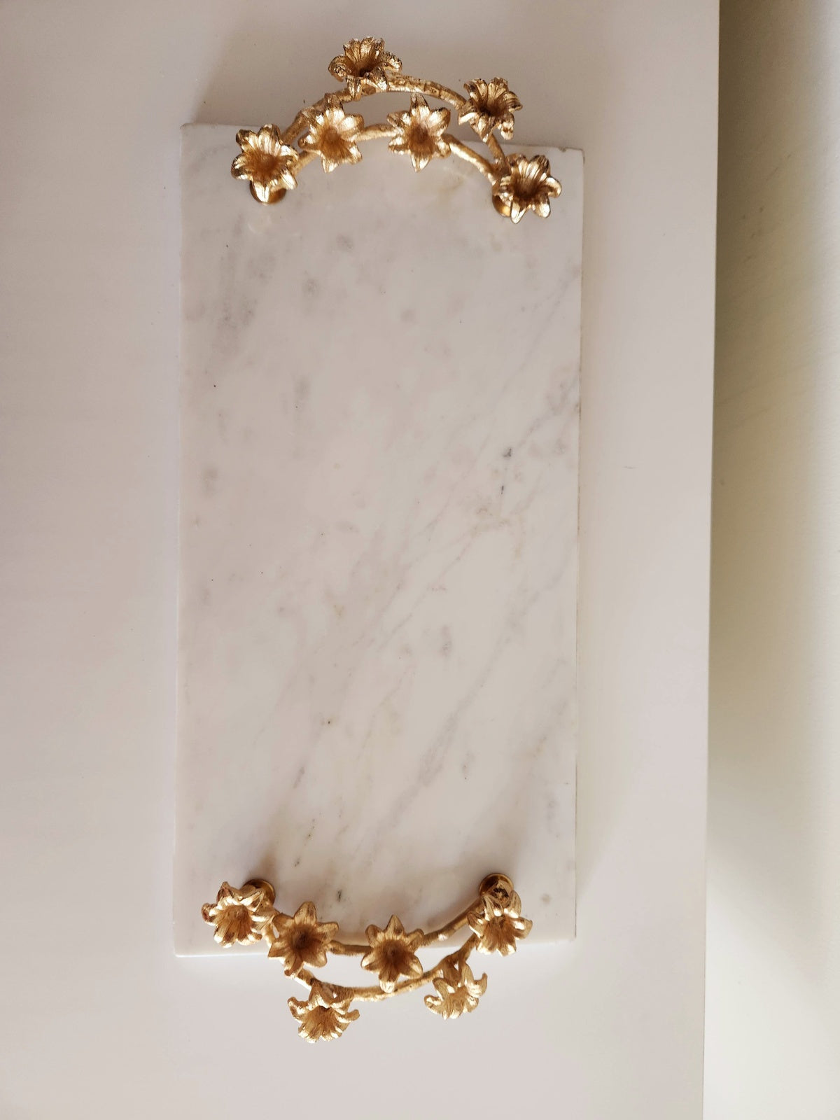 Rectangular Marble Tray w/Gold Flower Handles