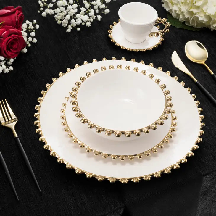 Beaded Tableware 5 Piece White Dinnerware Set W/Gold Beaded Edge – Exquisite Designs ...