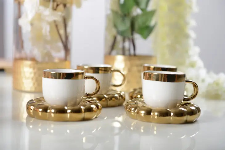 White Coffee Cups & Gold Cloud Saucers