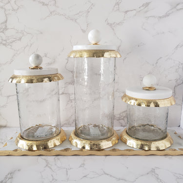 Glass Canister w/ Gold Ruffled Décor & Marble Lid