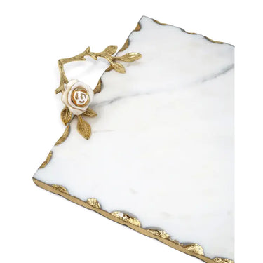 Rectangular Marble Tray w/White Rose Handle