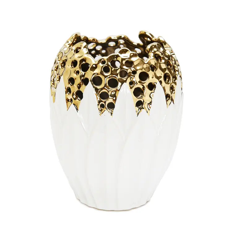White & Gold Honeycomb Ceramic Vase
