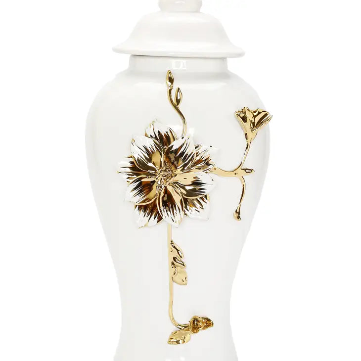 White Ginger Jar w/Gold Flower Detail