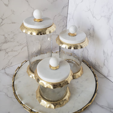 Glass Canister w/ Gold Ruffled Décor & Marble Lid