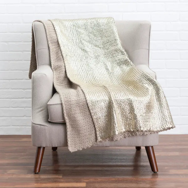 Faux Fur Silver And Gold Throw Blanket Knitted Metallic Gold Throw