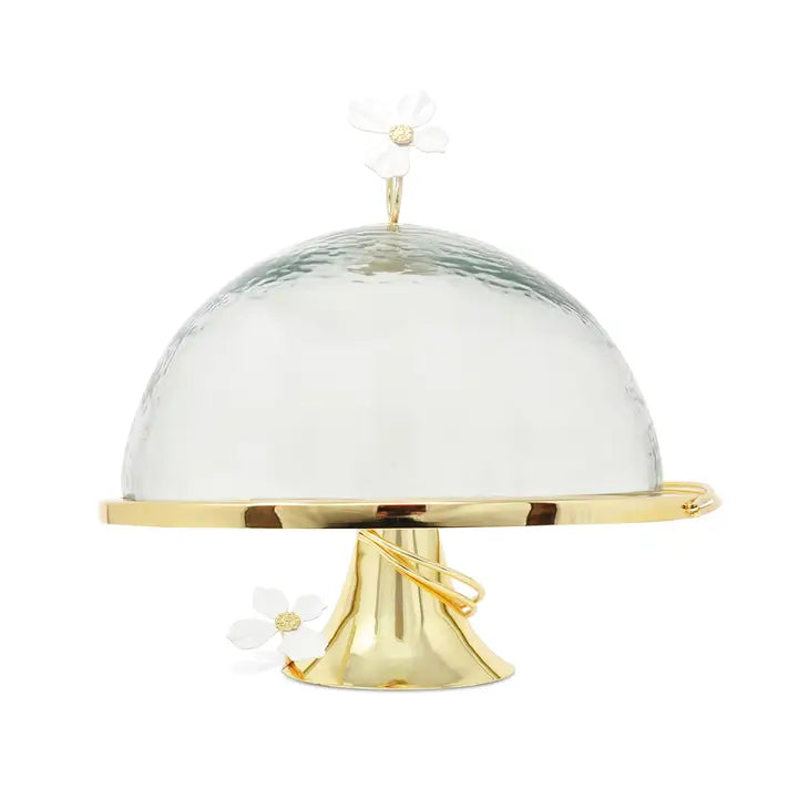 Gold Footed Cake Stand w/Glass Cover & Jeweled Jasmine Flower Décor