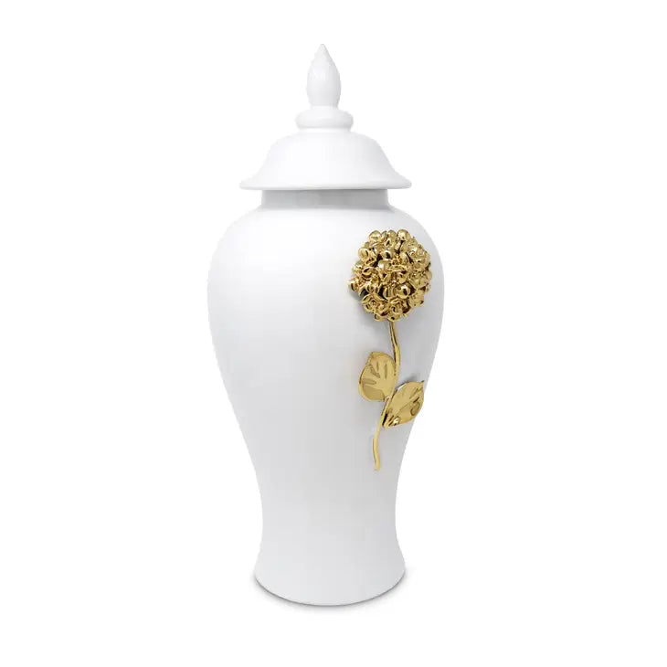 White Ginger Jar w/Gold Floral Décor