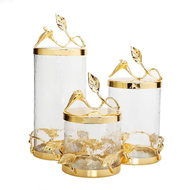 Glass Canister w/Gold Hammered Lid & Leaf Décor