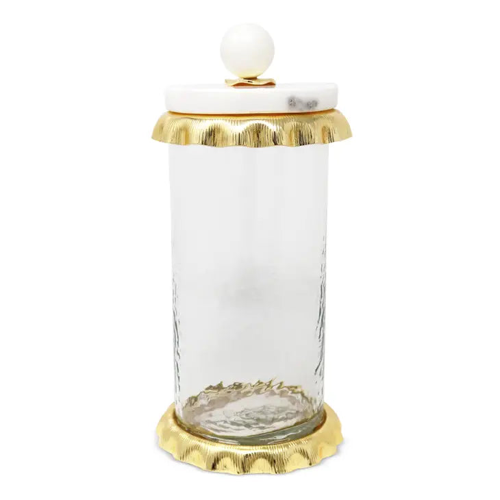 Glass Canister w/Gold Lined Ruffled Décor & Marble Lid