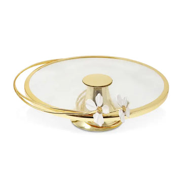 Gold Footed Cake Stand w/Glass Cover & Jeweled Jasmine Flower Décor