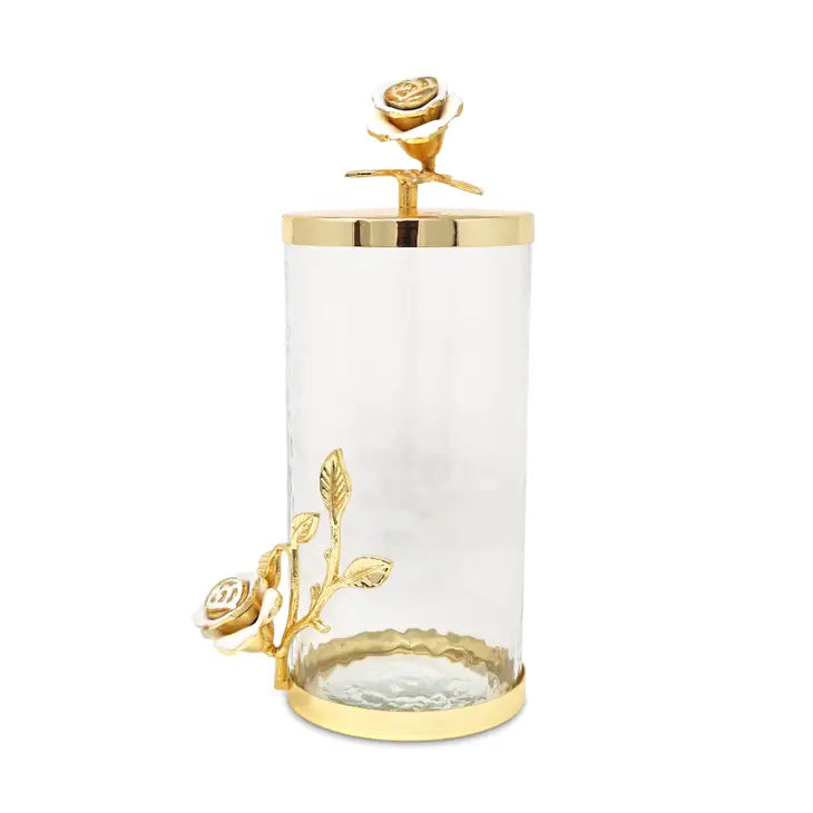 Glass Canister w/Gold Hammered Lid & White Rose Décor