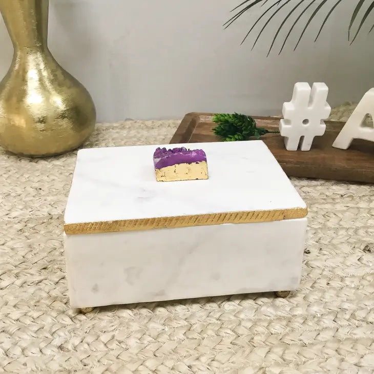 Marble Jewelry Box w/Gold Edge & Purple Crystal Topped Lid