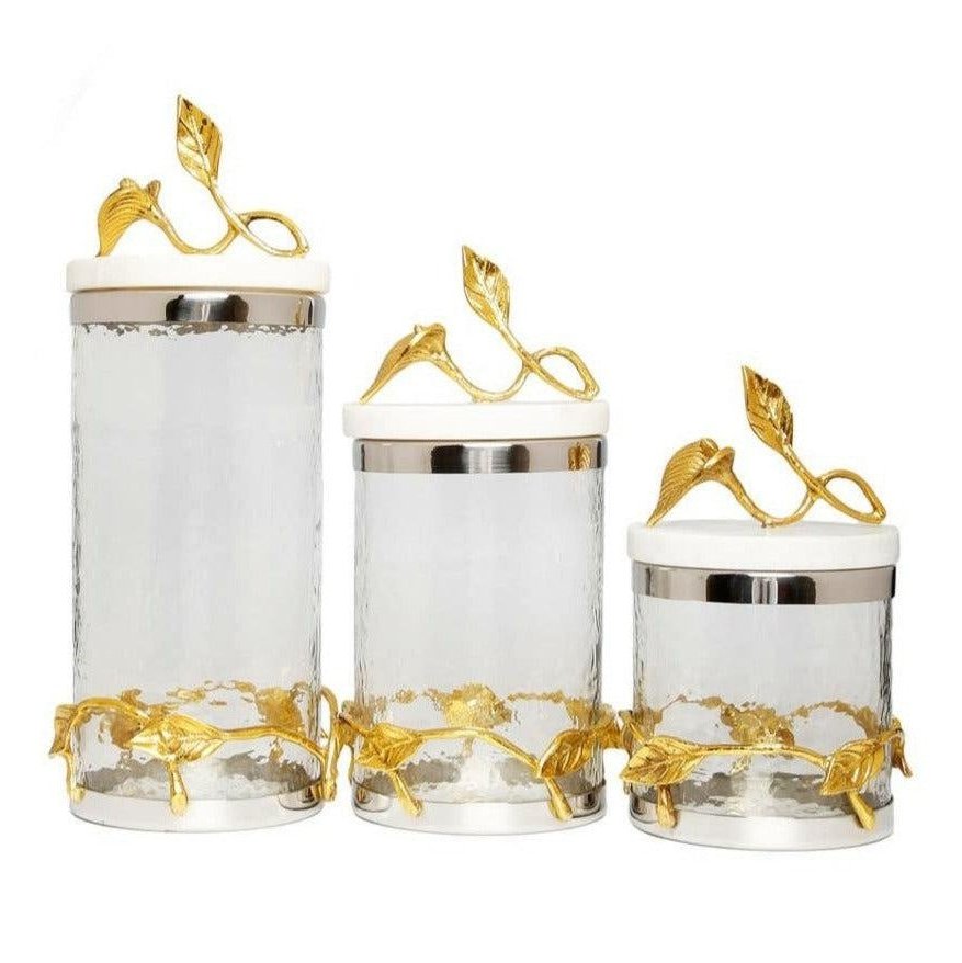 Glass Canister w/Leaf Design & Marble Lid - Exquisite Designs Home Décor 