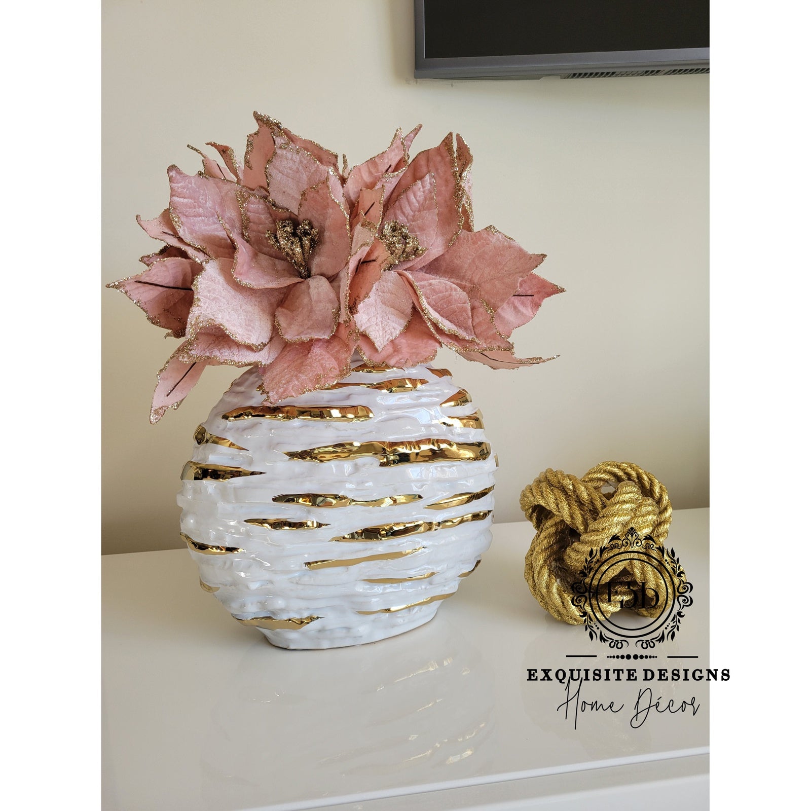 White Ceramic Vase w/Gold Brush Design - Exquisite Designs Home Décor 