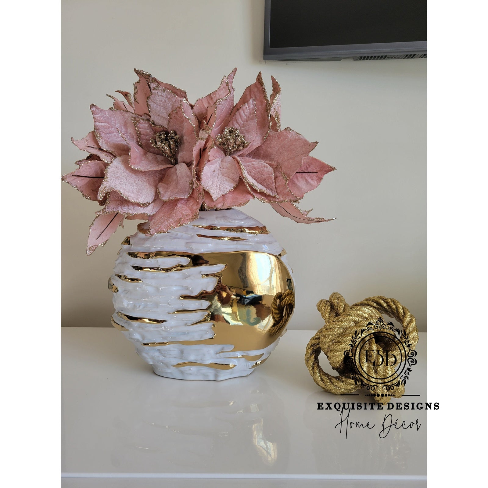 White Ceramic Vase w/Gold Brush Design - Exquisite Designs Home Décor 