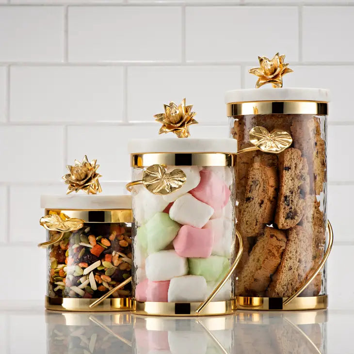 Glass Canister w/Gold Rose Décor & Marble Lid