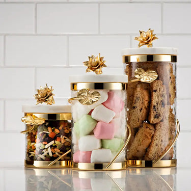 Glass Canister w/Gold Rose Décor & Marble Lid