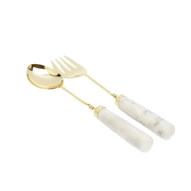 Gold Salad Servers Set with Marble Handles