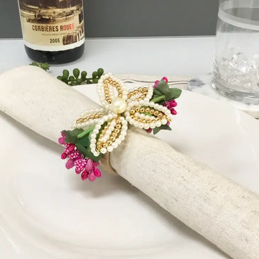 Gold Pearl Lily Flower Napkin Ring, Set of 4
