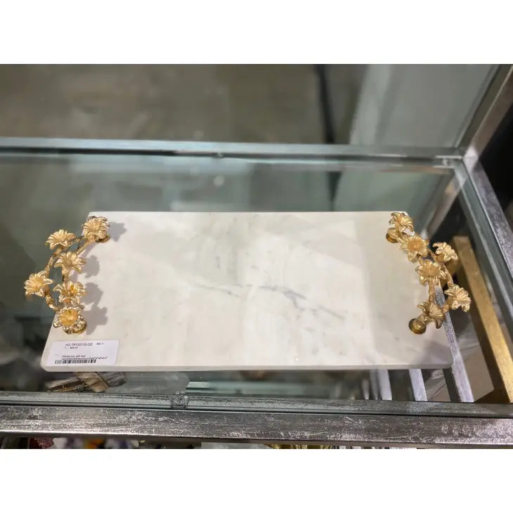Rectangular Marble Tray w/Gold Flower Handles