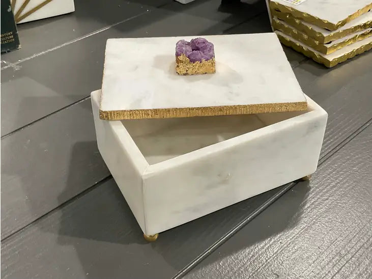 Marble Jewelry Box w/Gold Edge & Purple Crystal Topped Lid