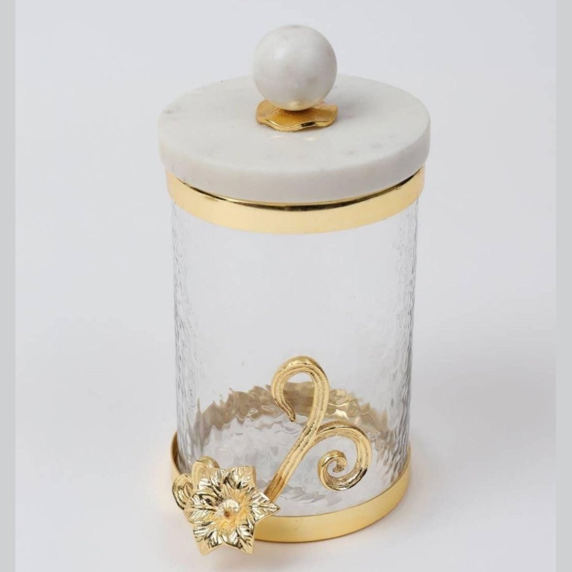 Glass Canister w/Gold Flower Design & Marble Lid - Exquisite Designs Home Décor 