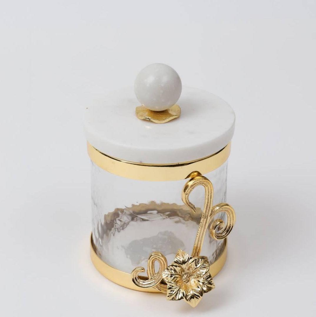 Glass Canister w/Gold Flower Design & Marble Lid - Exquisite Designs Home Décor 