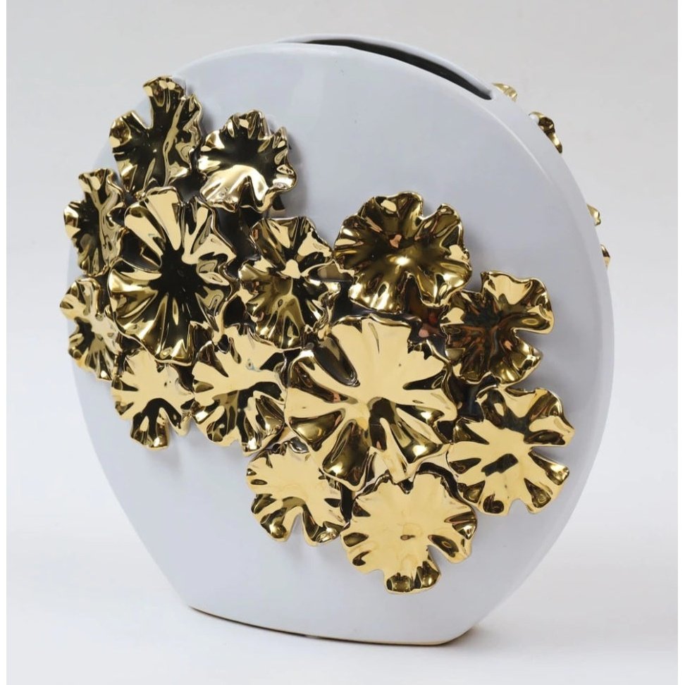 White Round Ceramic Vase w/Gold Floral Detail - Exquisite Designs Home Décor 