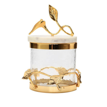 Gold Glass Canister w/Leaf Design & Marble Lid - Exquisite Designs Home Décor 