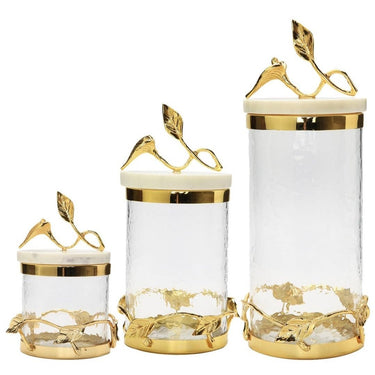 Gold Glass Canister w/Leaf Design & Marble Lid - Exquisite Designs Home Décor 