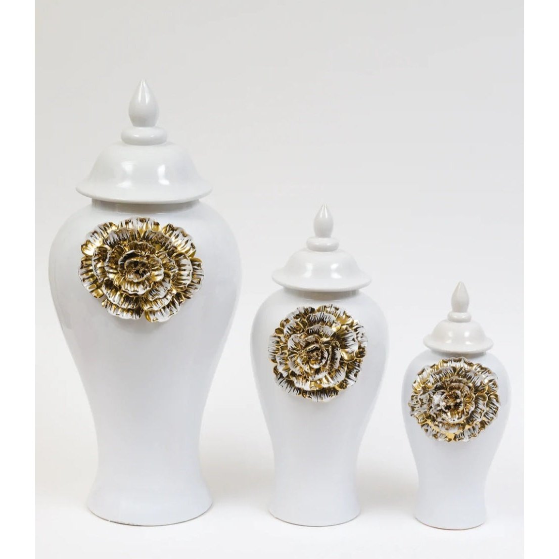 White Ginger Jar w/Gold Flower Design - Exquisite Designs Home Décor 