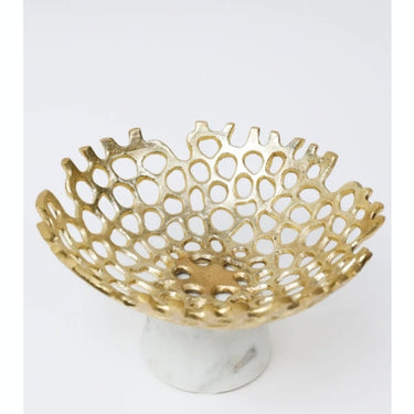 Gold Punctured Bowl on White Marble Base - Exquisite Designs Home Décor 