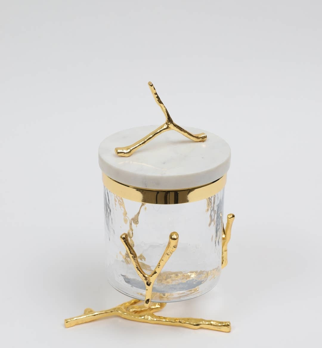 Glass Canister on gold Twig Base - Exquisite Designs Home Décor 