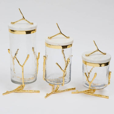 Glass Canister on gold Twig Base - Exquisite Designs Home Décor 