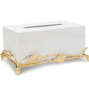 White Tissue Box w/Gold Leaf Metal Base - Exquisite Designs Home Décor 